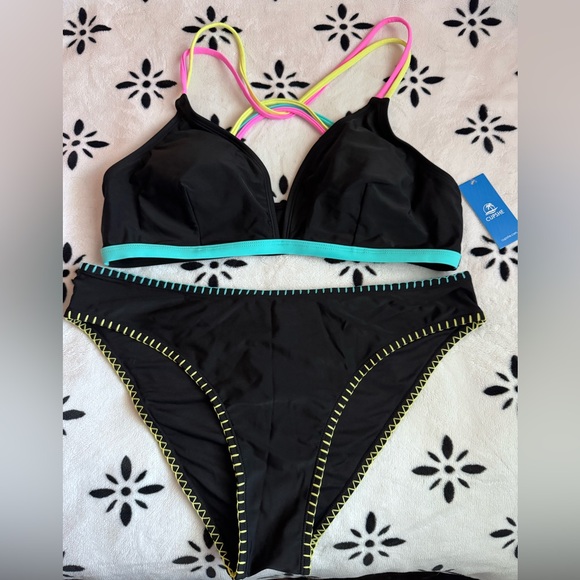 Cupshe Other - Cupshe Black Bikini with Aqua, Yellow & Pink Details